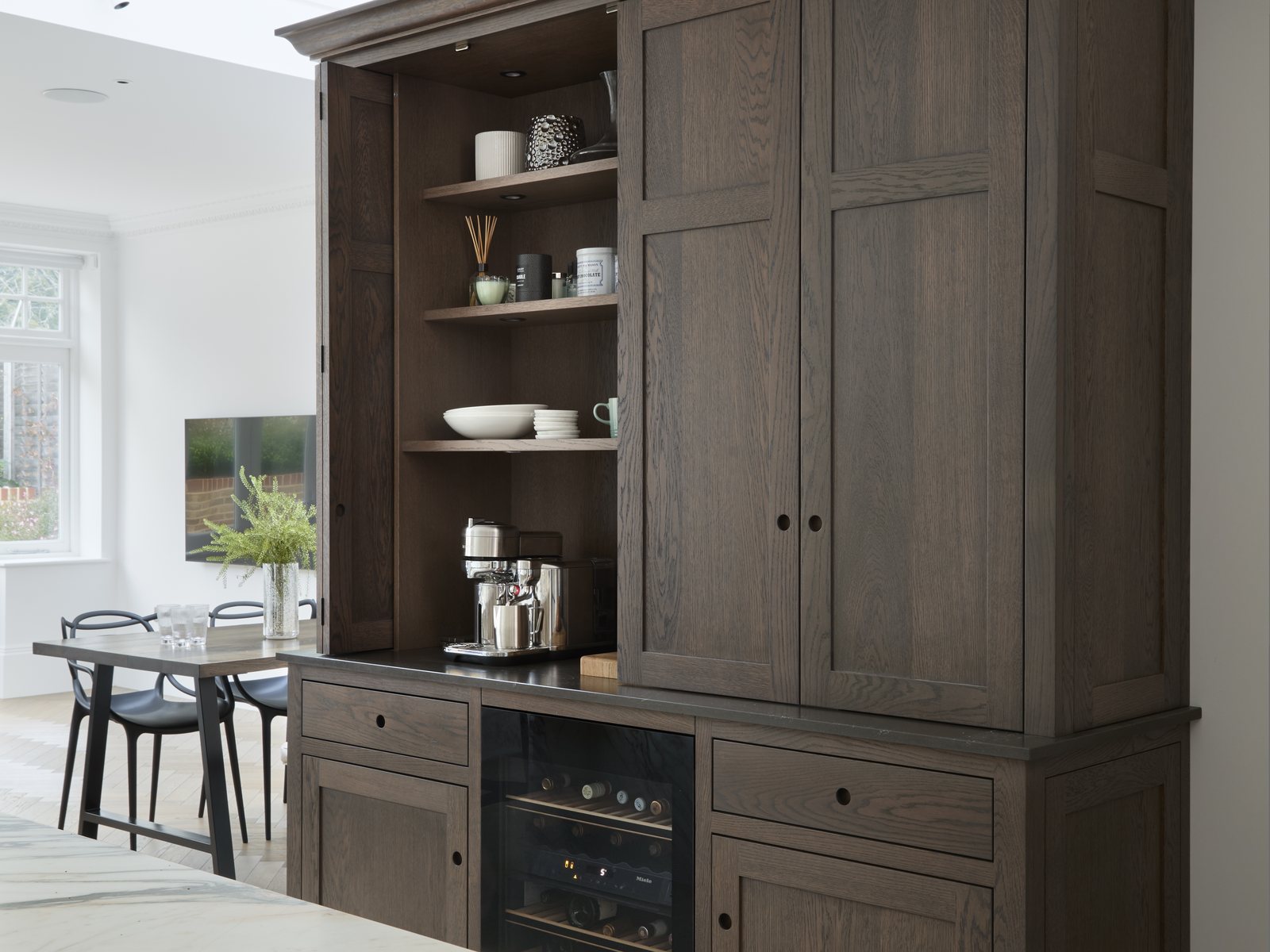Full-height oak dresser with open shelving and integrated wine store
