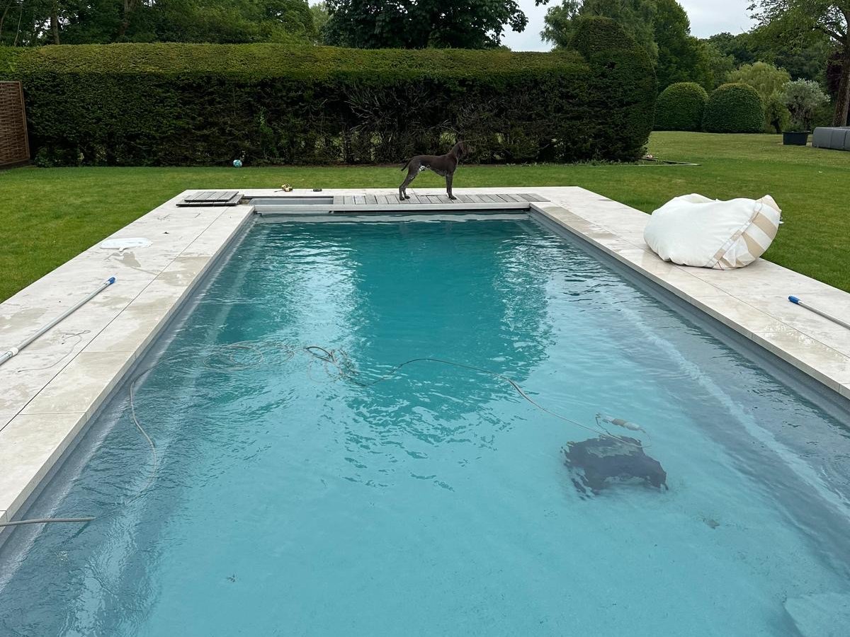 The same pool finished and filled, edged in stone and enclosed by a clipped hedge